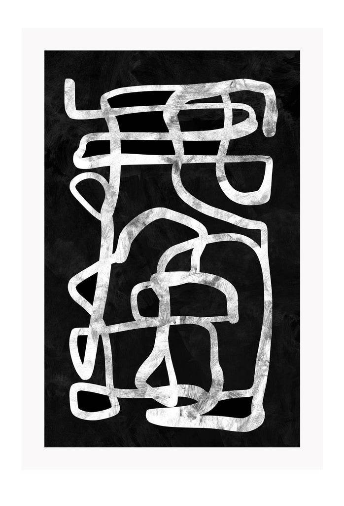 Modern abstract art print featuring a continuous white and grey squiggly line on a black background.