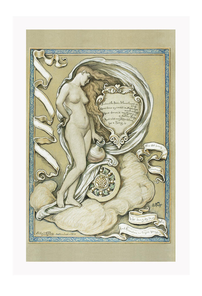 Vintage style ancient carving print with a nude woman illustrated holding a pot draped in fabric with a blue border on a cream background.