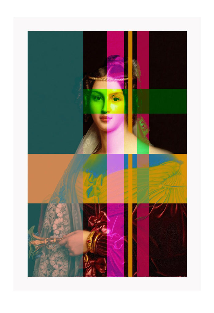 Pixel render of Queen Royal with orange pink and green colourful print portrait 