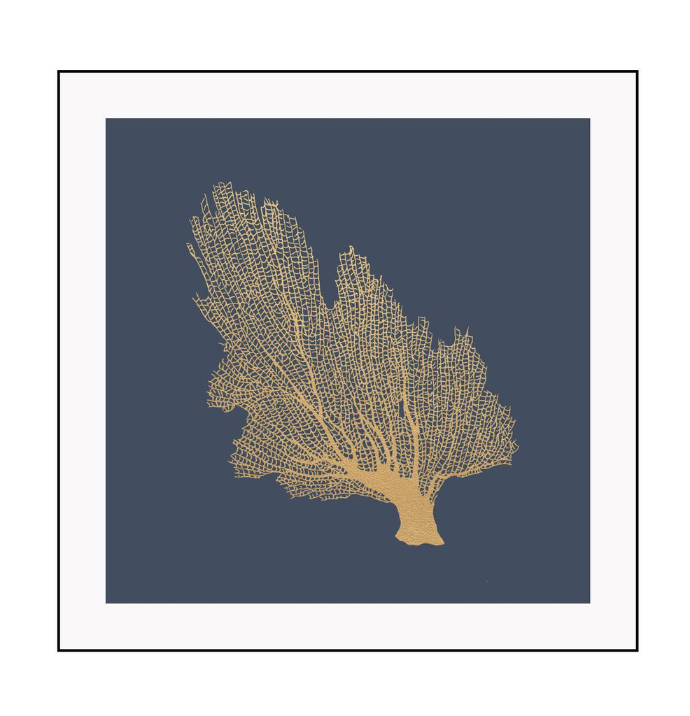Coastal hamptons style square print featuring a gold coral fossil leaf on a navy blue background.