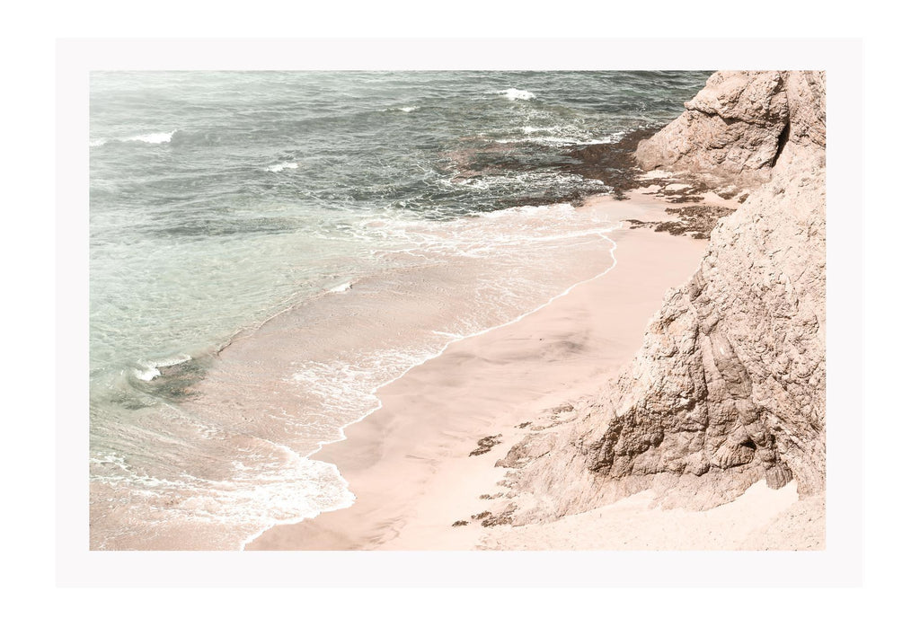 Landscape photography beach with cliff face and washed colour print natural blue and sand water 