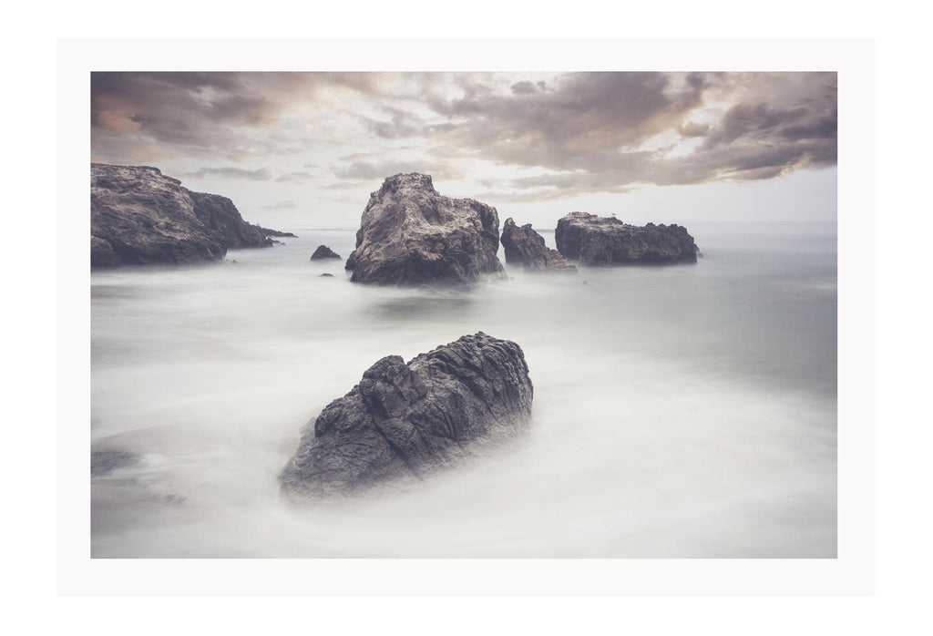 Photography nature of rocks in the water in fog and cloud neutral tones sunset calming zen print 