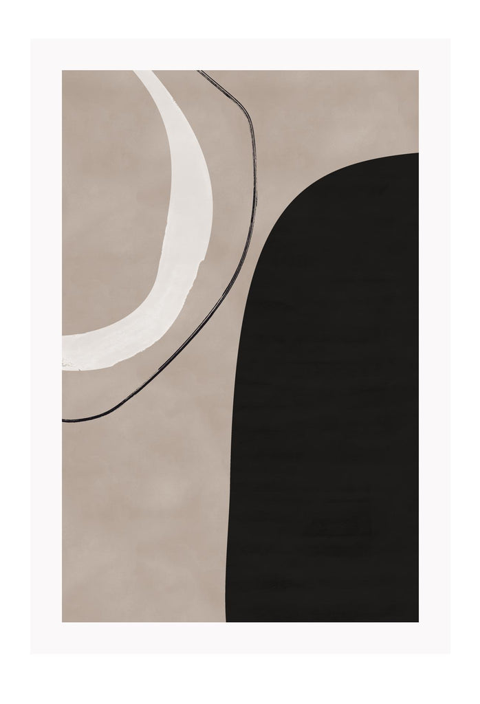 Abstract print with circle shapes in black white and beige on textured background with lines and squiggles 