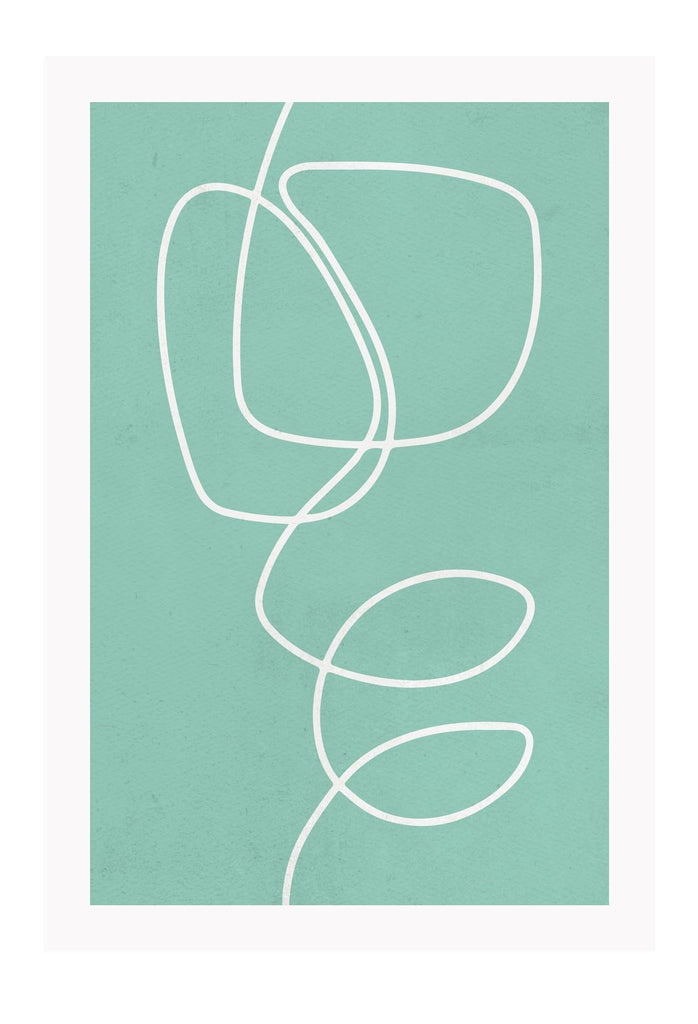 Abstract minimal print with turquoise background and white sqiggle portrait 