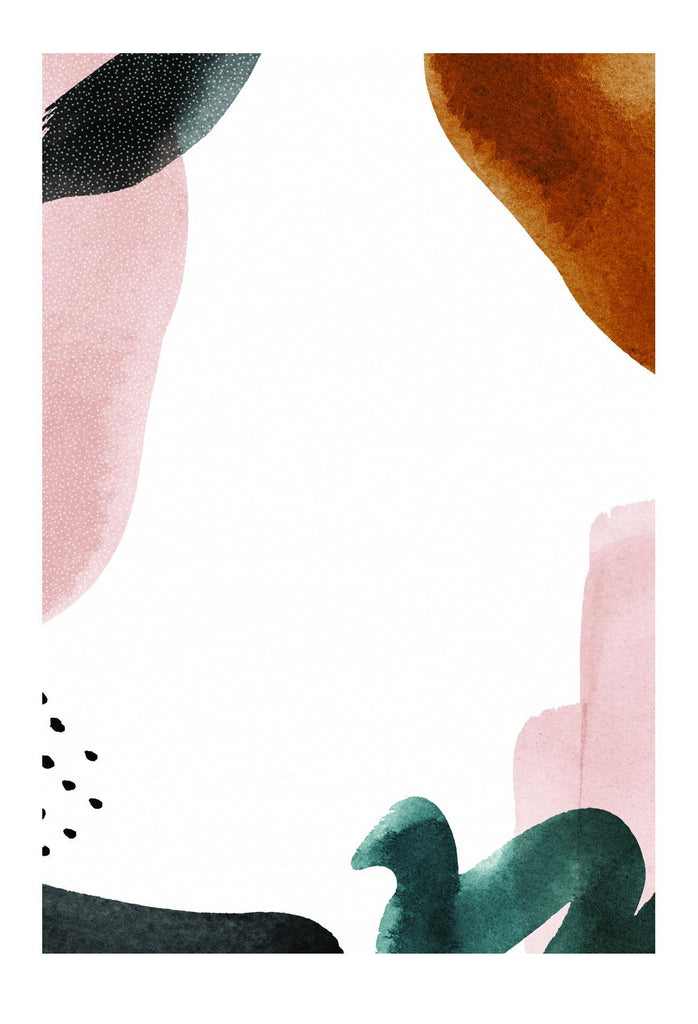 Abstract minimal print with rust emerald and pink tones on white background with watercolour texture