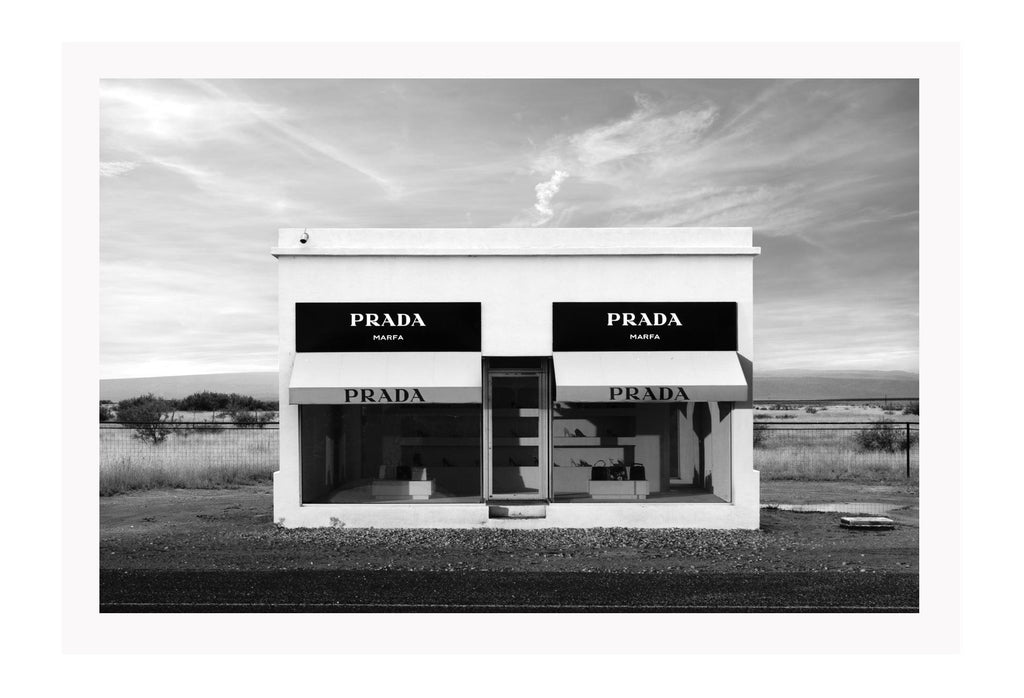 Fashion photography print with the Prada marfa install in black and white landscape  
