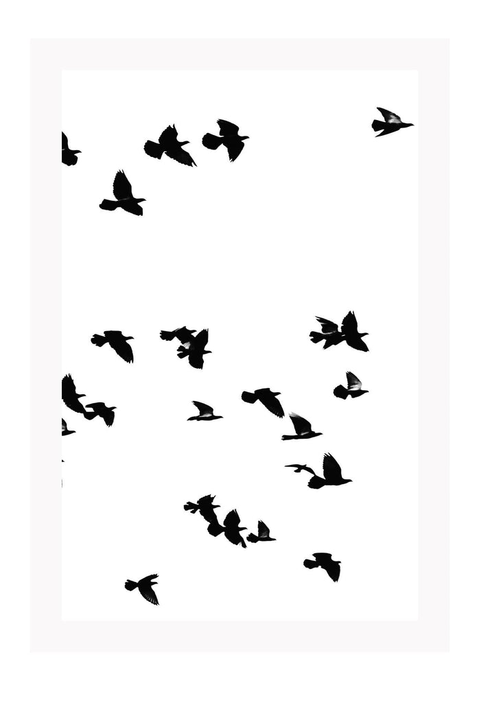 A black and white wall art with black sky birds in white sky. 