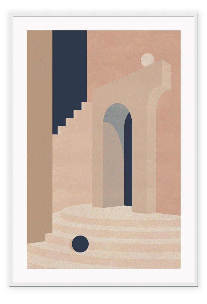 Geometric interior of stairs and archways in teracotta and pink tones with navy modern style