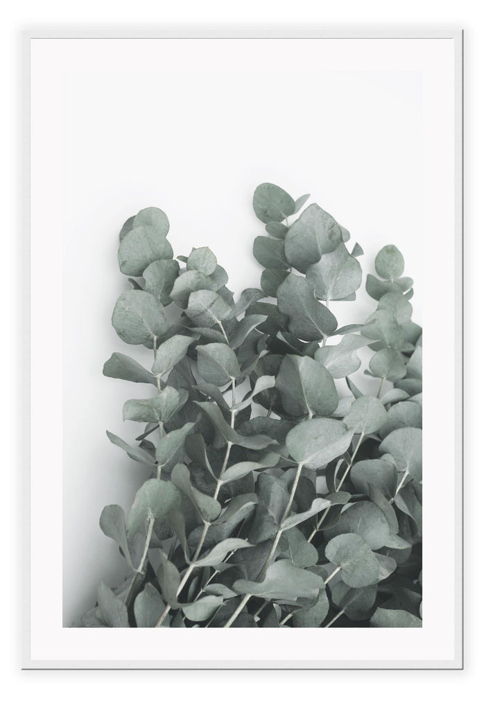 Eucalyptus boho leaves on white background with sage green accents natural print portrait 