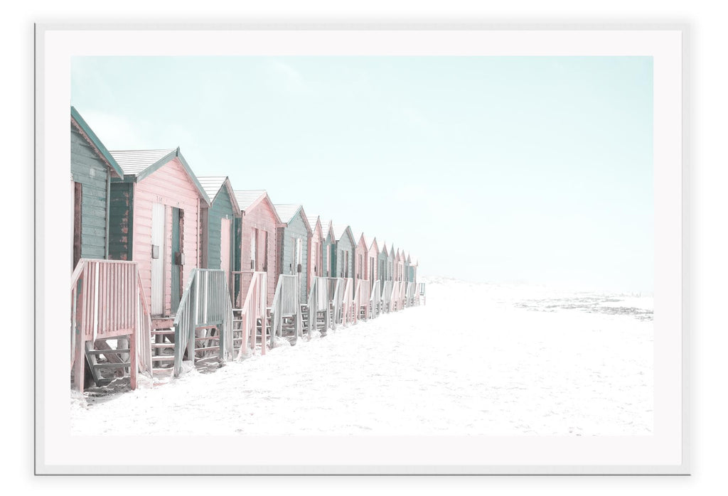 Pastel tones beach boho holiday landscape print with blue sky and pink highlights coastal 
