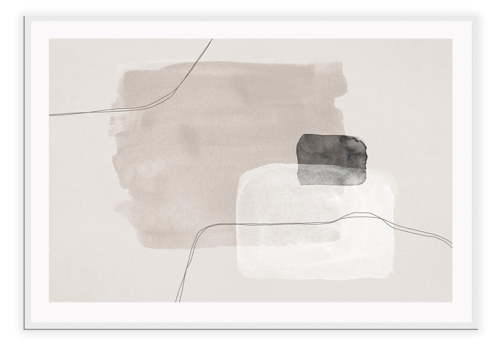 Modern abstract art portrait landscape with grey square white lines beige cream background black lines.