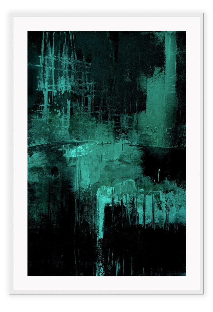 Emerald green abstract print with black background and silver tones in minimal moody style 