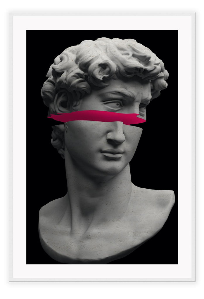 David print michaelangelo modern portrait of sculpture with pink cut in face 