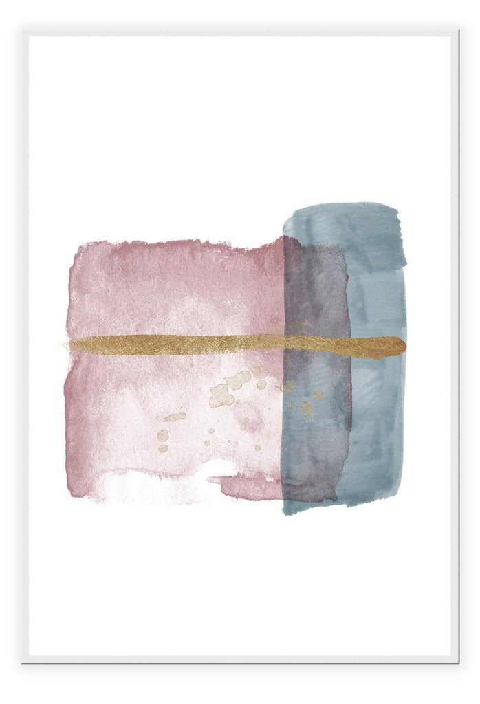 Minimal print with pastel pink blue and gold brushstrokes on a gold background watercolour texture 