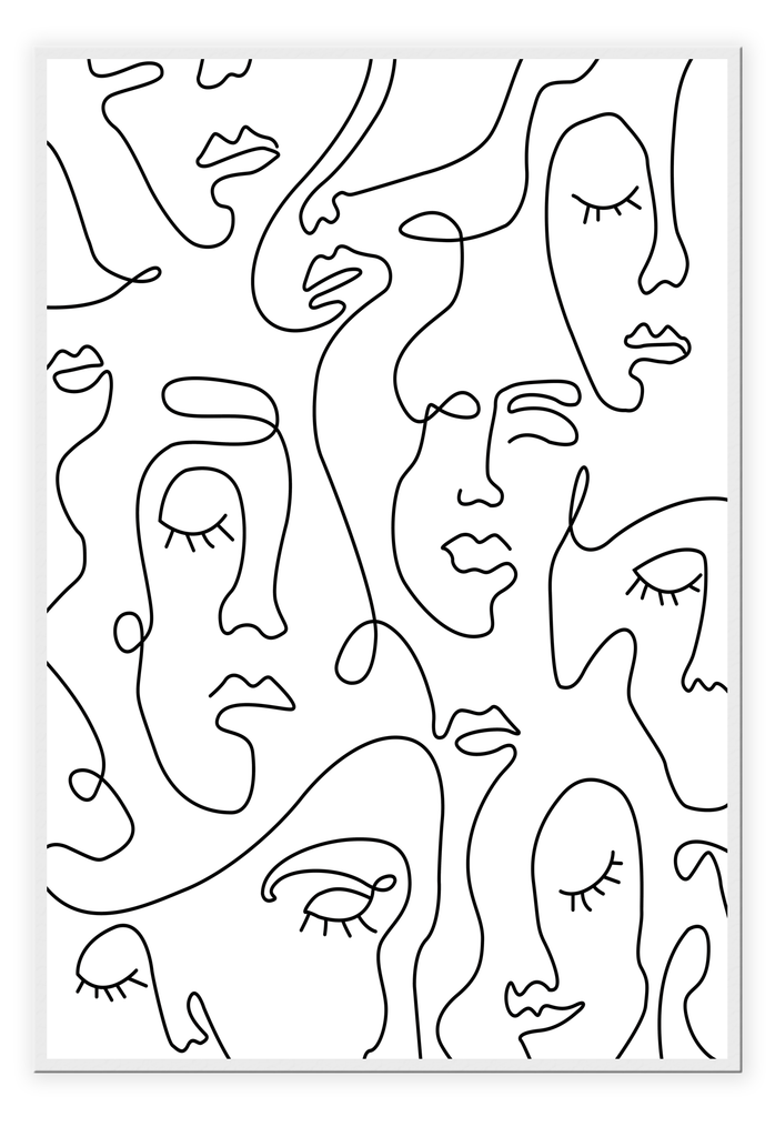 Abstract black and white line art faces minimal black lines on white background