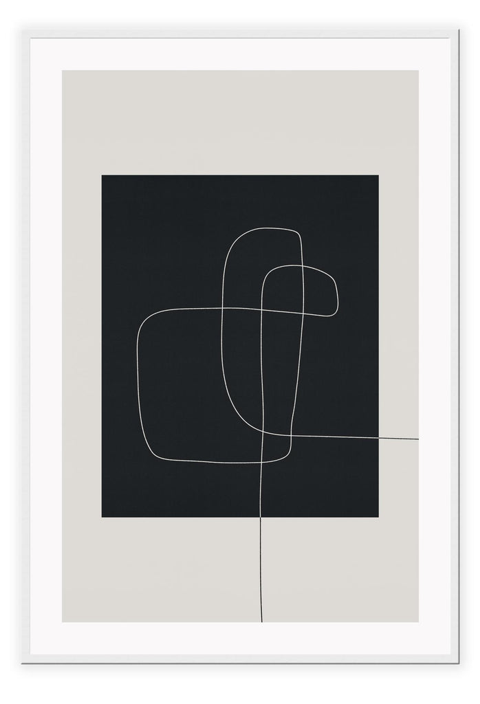 Abstract minimal print with black rectangle in middle with small white line on beige background with neutral tones 