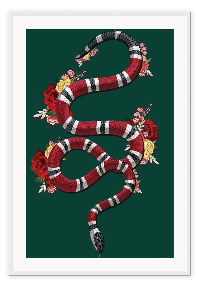 Fashion print with the red, black, green, and white Gucci snake on a green background with flowers surrounding. 