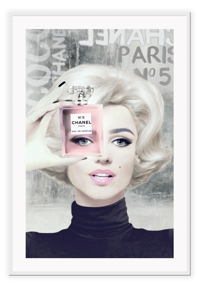 Fashion illustration iconic Marilyn Monroe holding Chanel perfume bottle in pink 