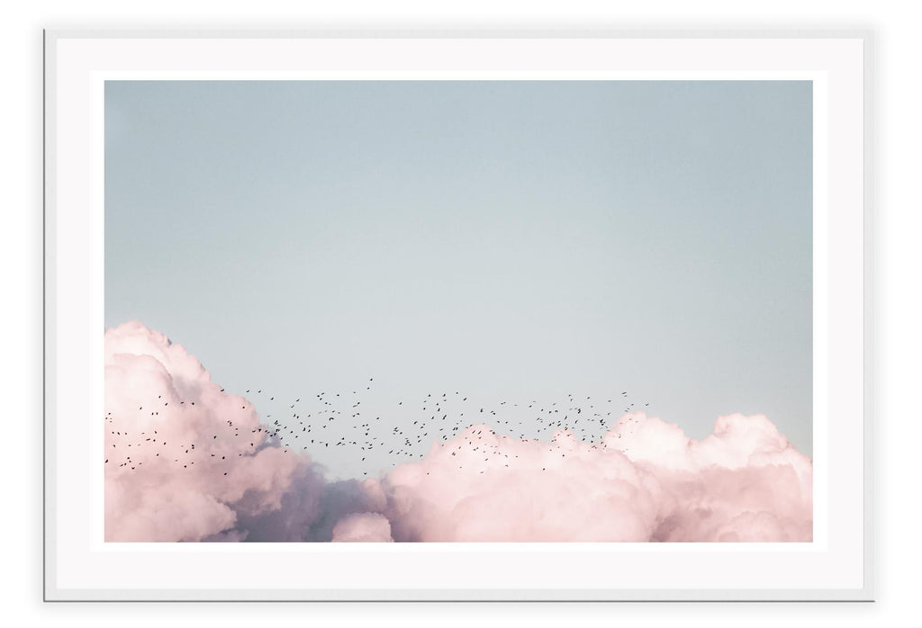 Pink cloud and blue sky birds flying in distance landscape print minimal 