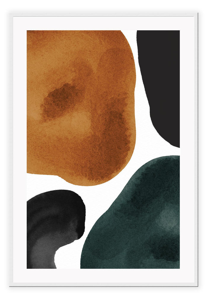 Abstract modern art print featuring rust, emerald and black watercolour shapes on a white background.
