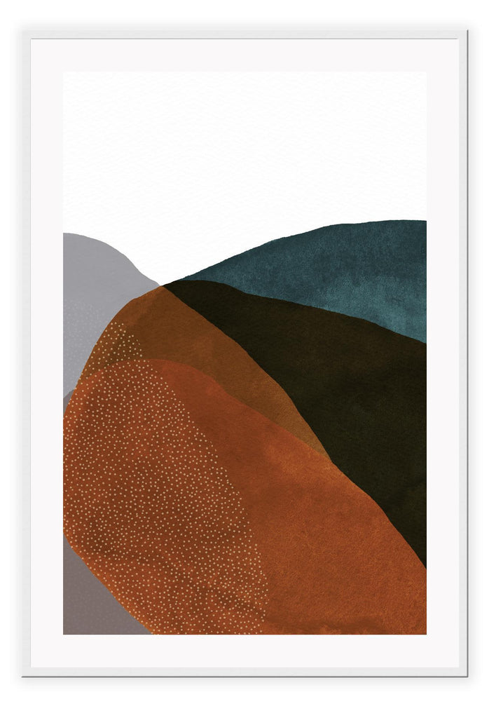Abstract modern art print featuring rust, emerald, grey and black shapes overlapping on a white background.