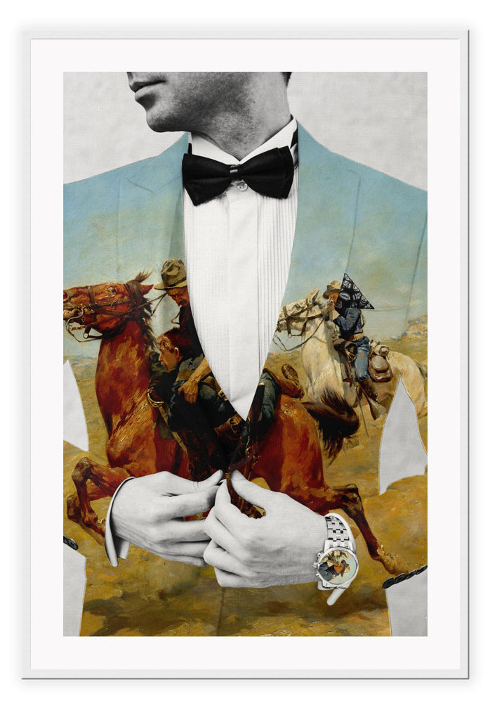 Vintage style print featuring a man wearing a tuxedo and watch with the jacket made from a horse and cowboy print.