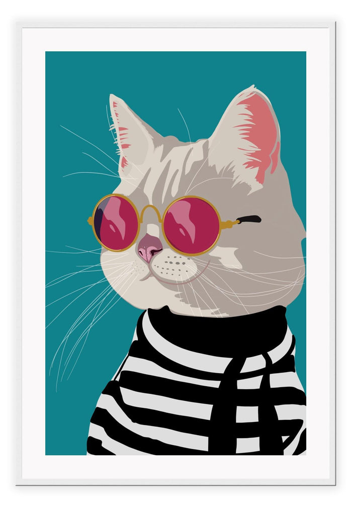 Cartoon style animated print with a white cat in a black and white striped jumper wearing pink round sunglasses on a teal background.