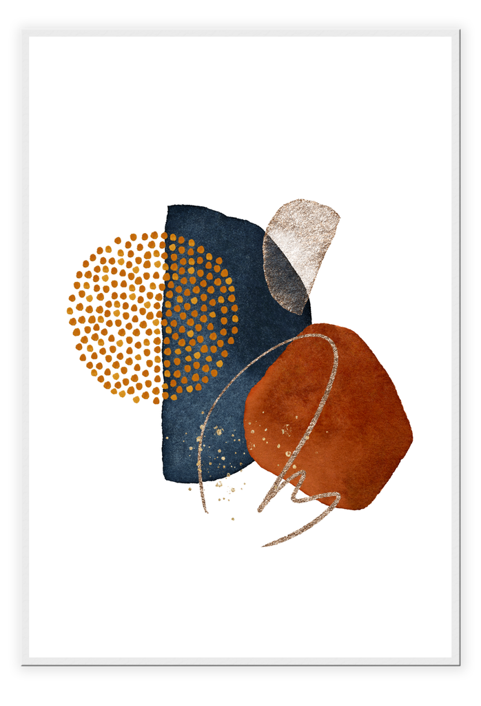 Abstract style print with rust, mustard, navy and gold shapes connected with gold flecked lines on a white background.