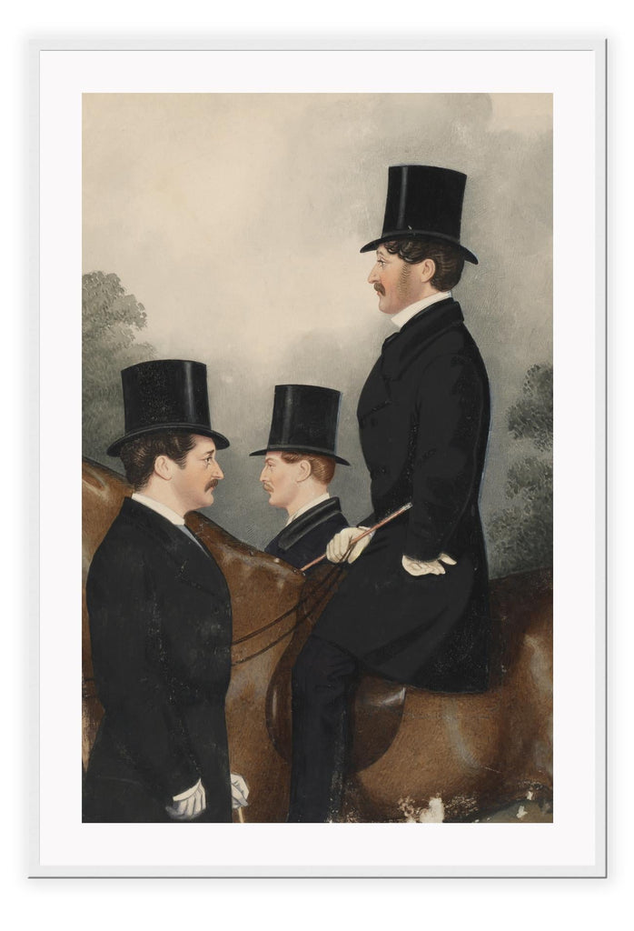 Vintage style print of three men facing eachother in black top hats and suits, one on a brown horse on a foggy morning.