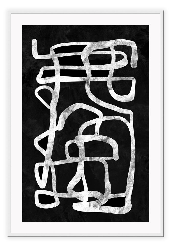 Modern abstract art print featuring a continuous white and grey squiggly line on a black background.
