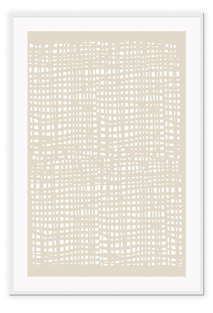 Modern abstract print with small white squares in random formation creating an irregular grid on beige background.