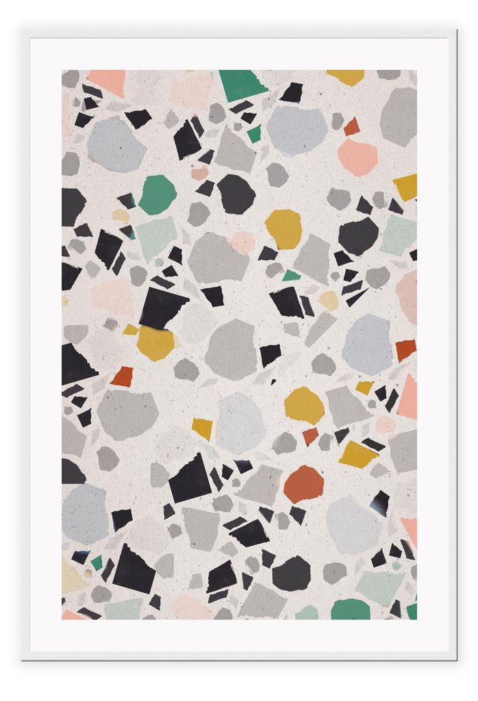 Abstract geometric shapes random colour red, mustard, navy and grey round and harsh lines portrait landscape
