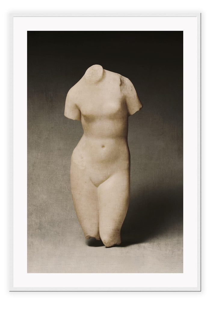 Modern vintage sculpture print portrait woman headless torso roman style green background nude lady beige.