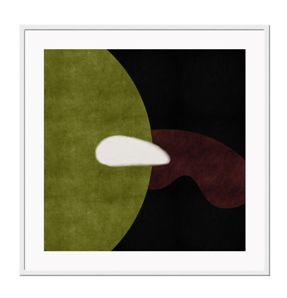 Abstract minimal style square print with a small white round shape on a wavy dark and light green and brown background.
