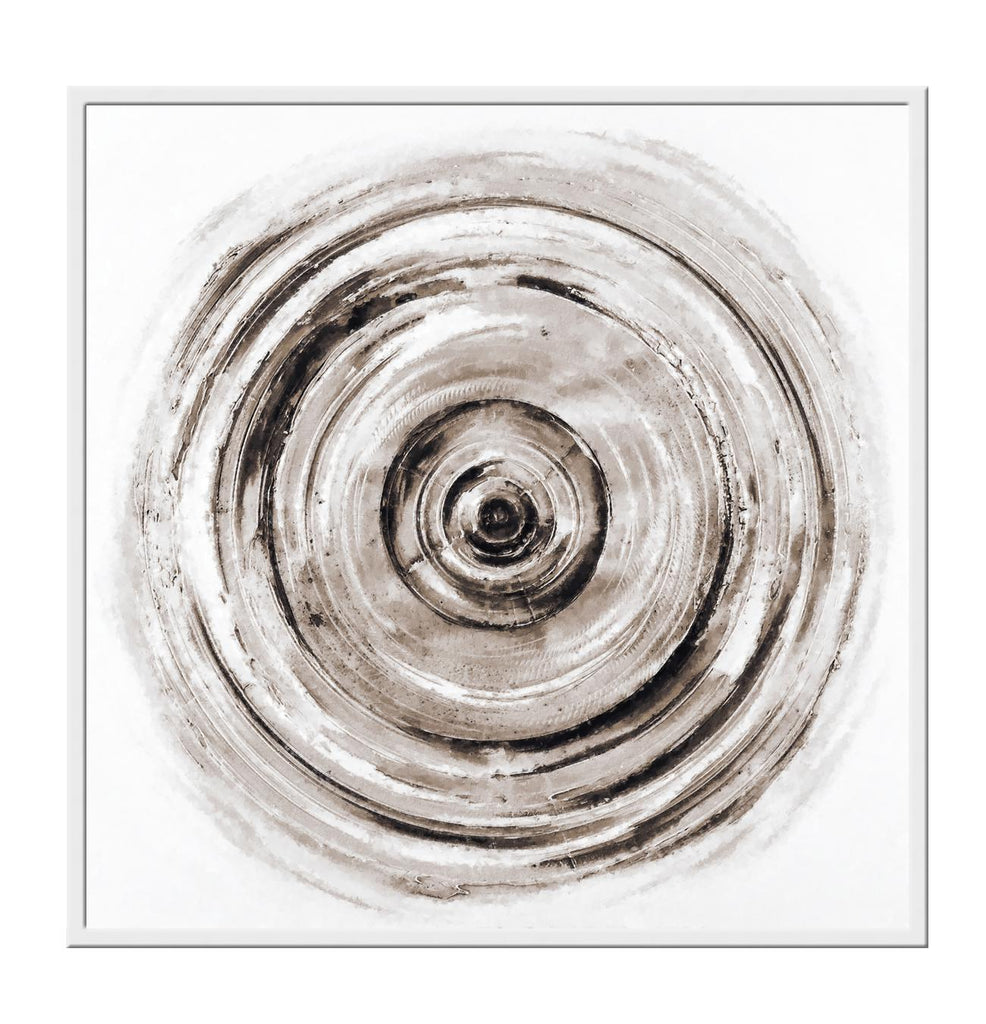 Abstract print with different sized circles in various textures and brown and black tones forming a swirl on white background