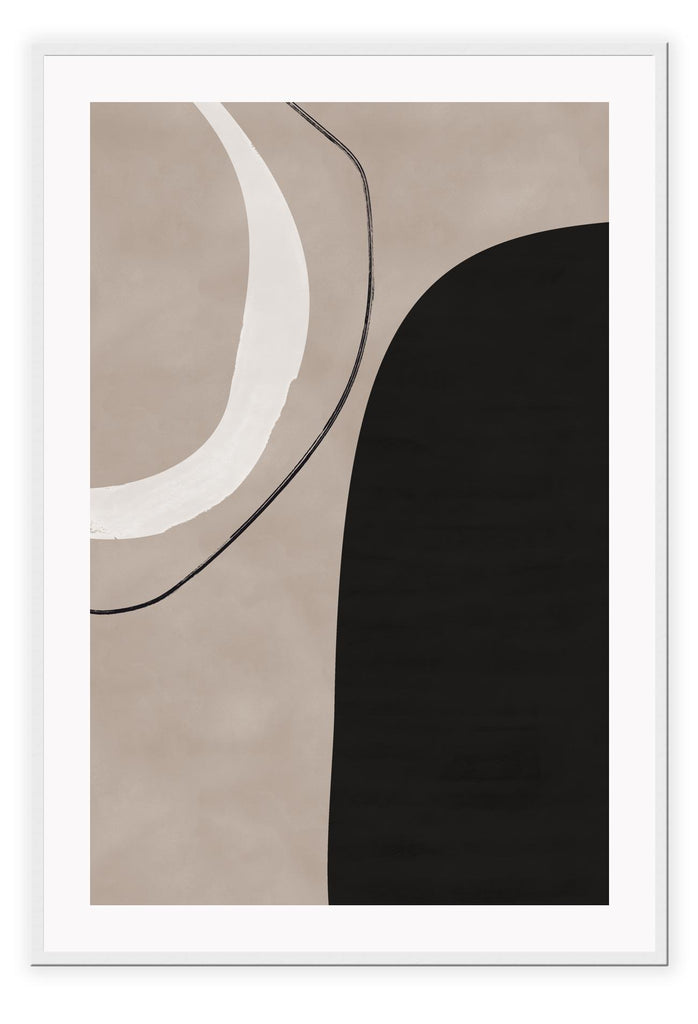Abstract print with circle shapes in black white and beige on textured background with lines and squiggles 