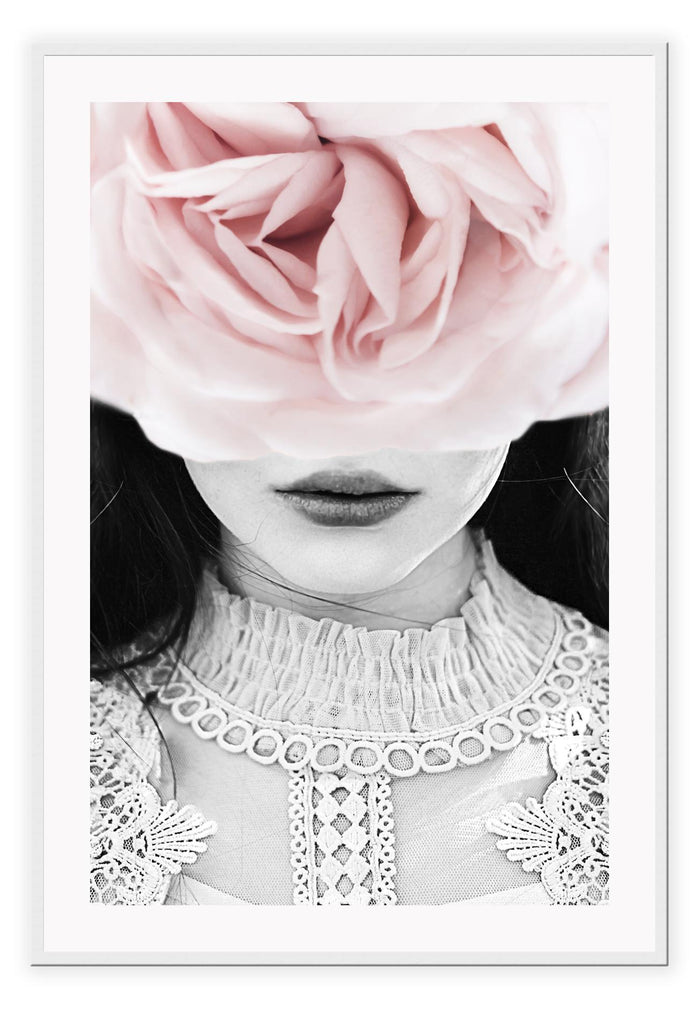 Floral fashion photography black and white and pink covering the eyes close-up 