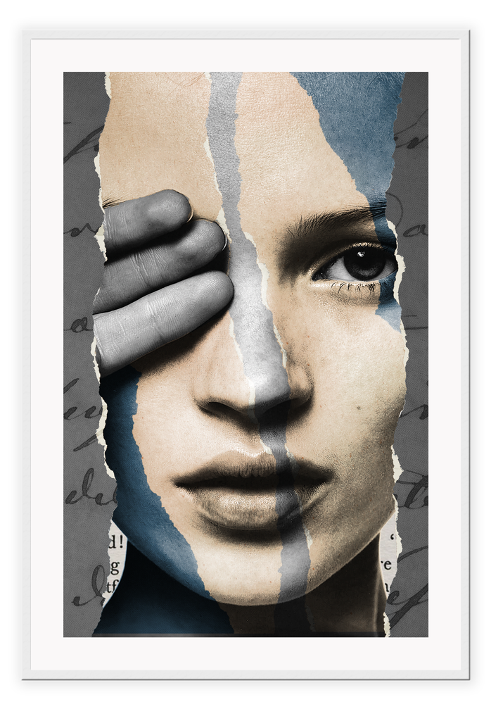 Modern black and white print of kate moss' face on ripped paper with cursive writing in the background.