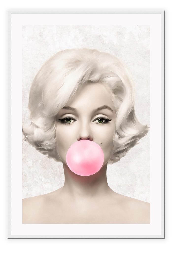 Fashion art print classic vintage celebrity Marilyn Monroe blowing pink bubble bubblegum cartoon rendered