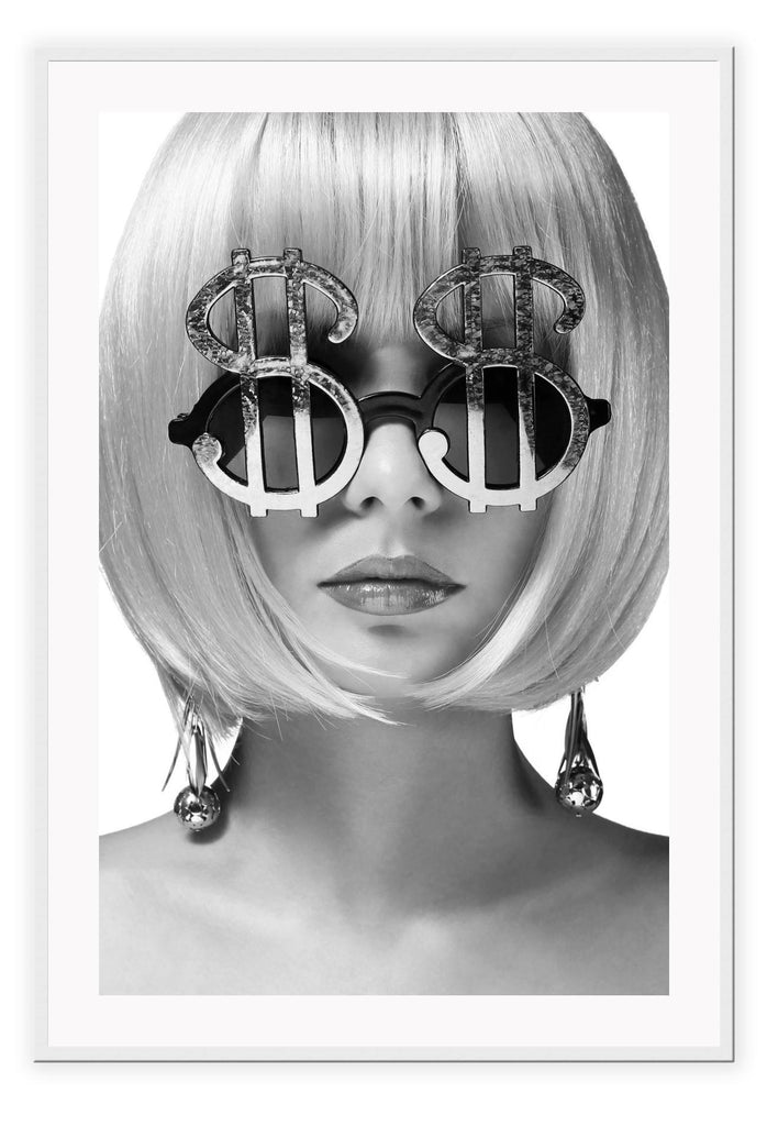 Woman print fashion wearing dollar sign glasses and short hair black and white sexy 