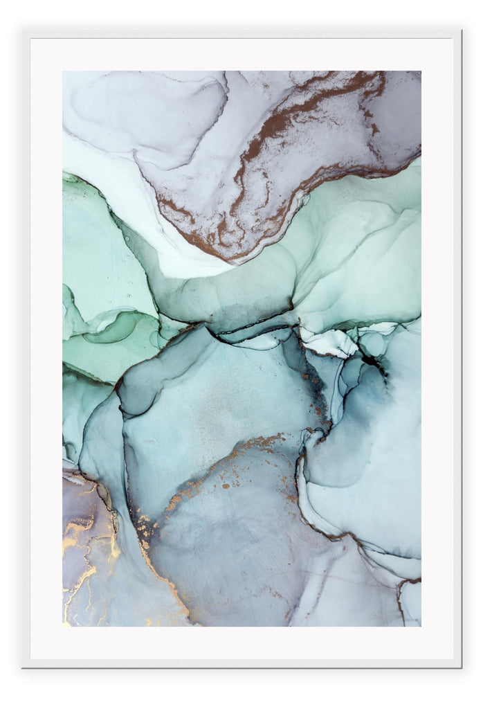 Abstract print with green blue and grey tones with a hint of gold watercolour texture  