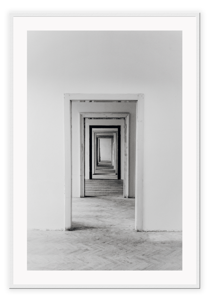 Photography print black and white architechture with minimalistic with decending doorways 