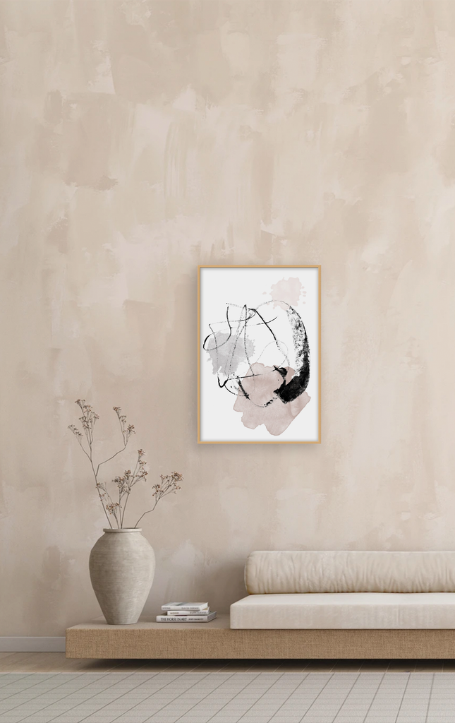 Minimal abstract print with black brushstrokes and lines on white background with pink and neutral tones 