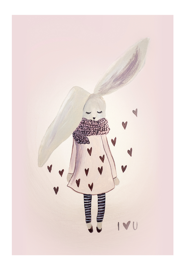 Bunny rabbit girl wearing dress kids nursery print pink love hearts pink background