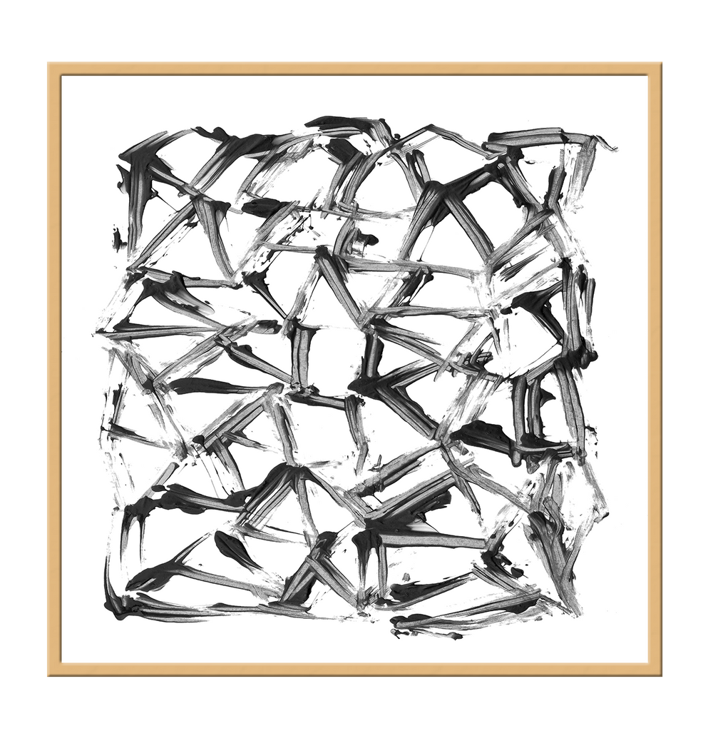 Abstract print with black brushstrokes forming random triangle and diamond shapes on a plain white background.