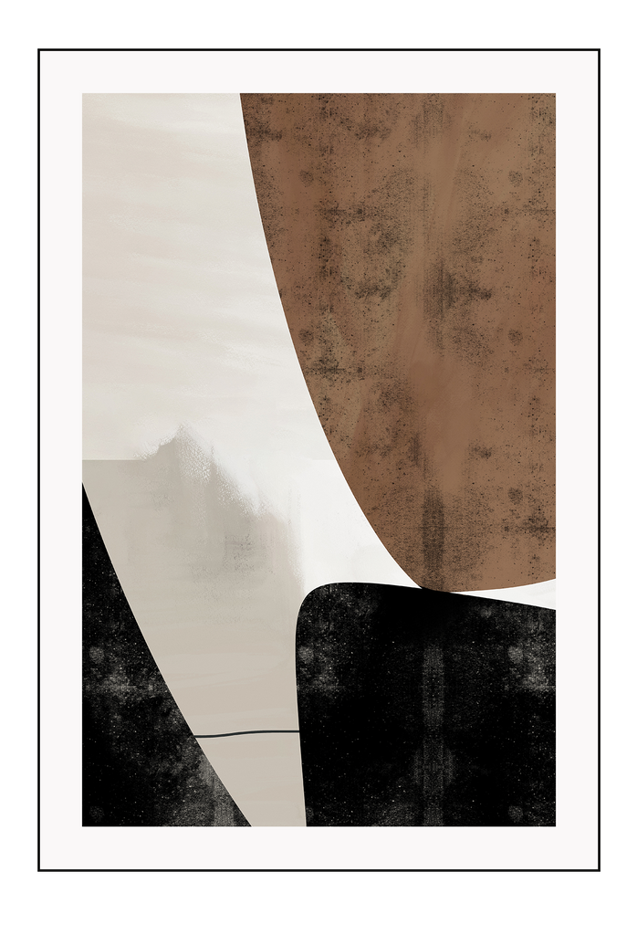 Abstract modern minimalist print with textured brown and black shapes on a grey background with black lines.